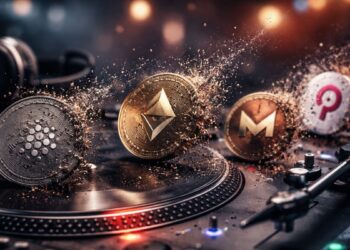 Monedas de Cardano, Ethereum, Monero y Polkadot desintegrándose sobre una tornamesa DJ.