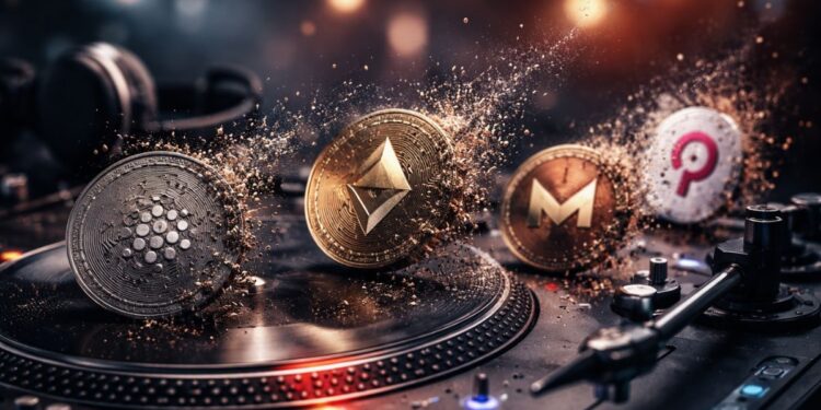Monedas de Cardano, Ethereum, Monero y Polkadot desintegrándose sobre una tornamesa DJ.