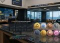 Señal de acumulación en Binance de 10 criptomonedas con gráficos financieros y monedas físicas con logos en una oficina de trading.