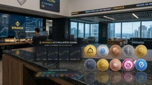 Señal de acumulación en Binance de 10 criptomonedas con gráficos financieros y monedas físicas con logos en una oficina de trading.