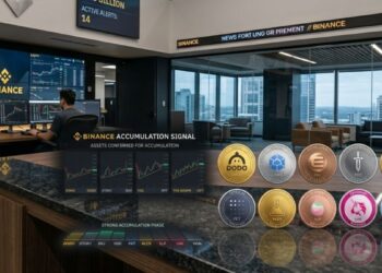 Señal de acumulación en Binance de 10 criptomonedas con gráficos financieros y monedas físicas con logos en una oficina de trading.