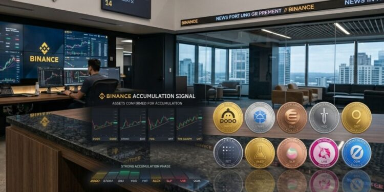 Señal de acumulación en Binance de 10 criptomonedas con gráficos financieros y monedas físicas con logos en una oficina de trading.