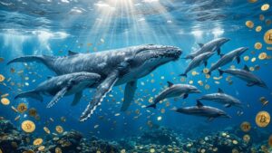 Unas ballenas y un grupo de delfines nadando bajo el mar rodeados de monedas doradas de bitcoin flotando en el agua.