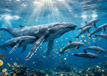 Unas ballenas y un grupo de delfines nadando bajo el mar rodeados de monedas doradas de bitcoin flotando en el agua.