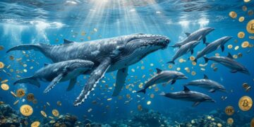 Unas ballenas y un grupo de delfines nadando bajo el mar rodeados de monedas doradas de bitcoin flotando en el agua.