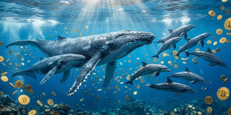 Unas ballenas y un grupo de delfines nadando bajo el mar rodeados de monedas doradas de bitcoin flotando en el agua.