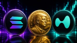 Monedas físicas de solana, Trump y HYPE.
