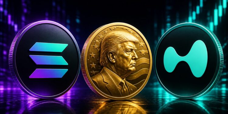 Monedas físicas de solana, Trump y HYPE.
