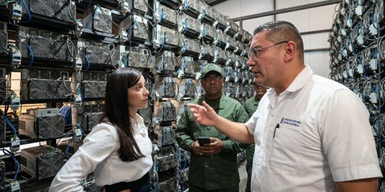 Fotografía de la gobernadora de Aragua y el viceministro de Energía de Venezuela en la granja de minería desmantelada.