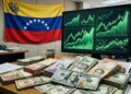 Billetes de dólares, con gráficas en verde en el fondo y la bandera de Venezuela.