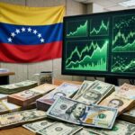 Billetes de dólares, con gráficas en verde en el fondo y la bandera de Venezuela.