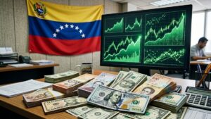 Billetes de dólares, con gráficas en verde en el fondo y la bandera de Venezuela.