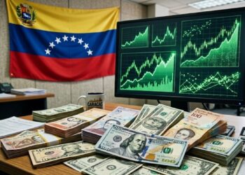 Billetes de dólares, con gráficas en verde en el fondo y la bandera de Venezuela.