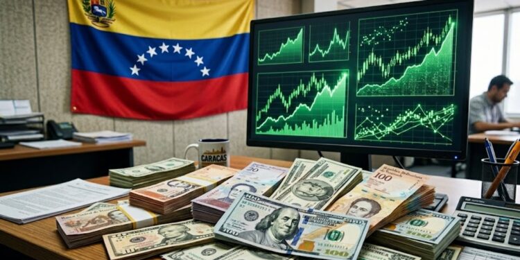 Billetes de dólares, con gráficas en verde en el fondo y la bandera de Venezuela.