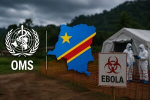 El logo de la OMS junto al mapa de la Repรบblica democrรกtica del Congo.