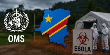 El logo de la OMS junto al mapa de la República democrática del Congo.