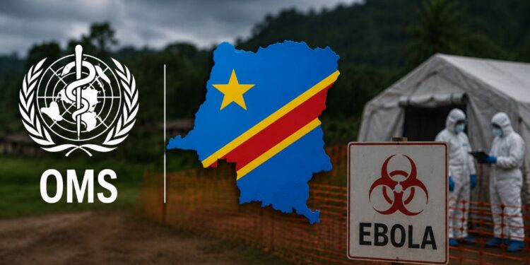 El logo de la OMS junto al mapa de la República democrática del Congo.