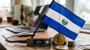 Una hardware wallet con bitcoin y la bandera de El Salvador sobre un escritorio.