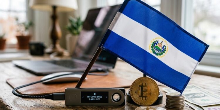 Una hardware wallet con bitcoin y la bandera de El Salvador sobre un escritorio.