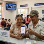 Una pareja de salvadoreños se observa en una oficina de remesas recibiendo sus fondos.