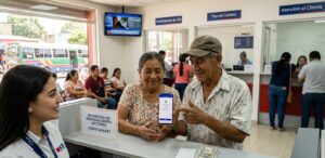 Una pareja de salvadoreños se observa en una oficina de remesas recibiendo sus fondos.