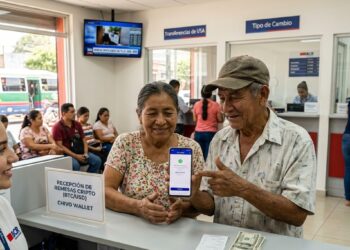 Una pareja de salvadoreños se observa en una oficina de remesas recibiendo sus fondos.