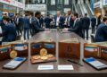 Bitcoin en carteras de cuero con empresas y corporaciones alrededor.