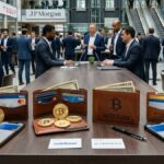 Bitcoin en carteras de cuero con empresas y corporaciones alrededor.