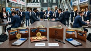 Bitcoin en carteras de cuero con empresas y corporaciones alrededor.