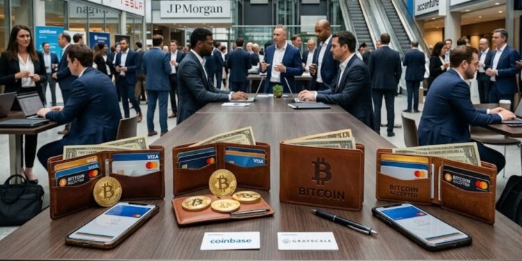 Bitcoin en carteras de cuero con empresas y corporaciones alrededor.