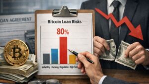 Gráfico de riesgos de préstamos en Bitcoin con un 80% en regulación, junto a una moneda Bitcoin y billetes de dólar rotos.