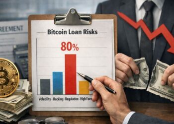 Gráfico de riesgos de préstamos en Bitcoin con un 80% en regulación, junto a una moneda Bitcoin y billetes de dólar rotos.