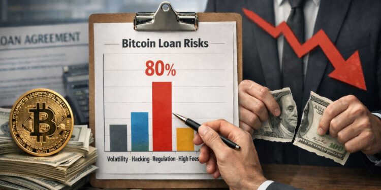 Gráfico de riesgos de préstamos en Bitcoin con un 80% en regulación, junto a una moneda Bitcoin y billetes de dólar rotos.