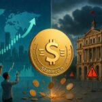 Una moneda dorada destaca en el centro, al fondo se observa al banco de España a la derecha y un gráfico al alza en la izquierda.