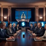 Un grupo de ejecutivos se reúne en un salón y al fondo a través de una ventana se observa el Capitolio de Washington.
