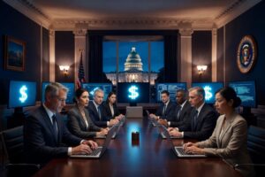Un grupo de ejecutivos se reúne en un salón y al fondo a través de una ventana se observa el Capitolio de Washington.