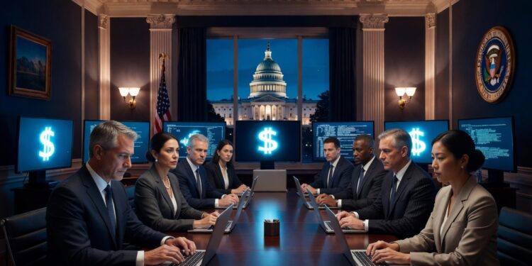 Un grupo de ejecutivos se reúne en un salón y al fondo a través de una ventana se observa el Capitolio de Washington.