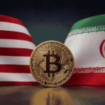 bandera de Estados Unidos, bandera de Irán, moneda de BTC.