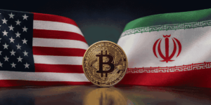 bandera de Estados Unidos, bandera de Irán, moneda de BTC.