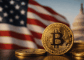 bandera de Estados Unidos, el congreso y unos BTC.