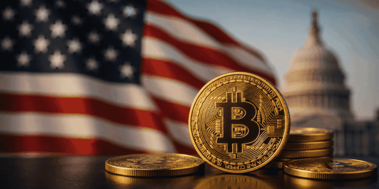 bandera de Estados Unidos, el congreso y unos BTC.