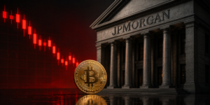 Moneda de BTC y velas en rojo.