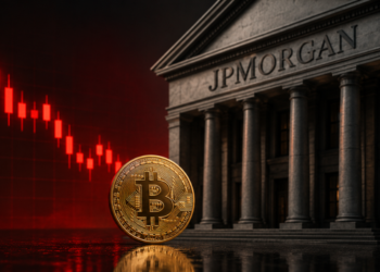 Moneda de BTC y velas en rojo.