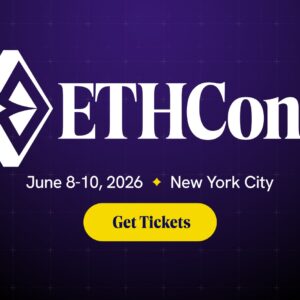 Banner de "ETHConf 2026" en Nueva York, del 8 al 10 de junio, con fondo morado y botón amarillo "Get Tickets".