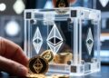 Una mano introduce una moneda física de ether en una caja de acrílico transparente con logos de Ethereum.