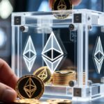 Una mano introduce una moneda física de ether en una caja de acrílico transparente con logos de Ethereum.