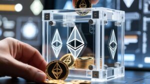 Una mano introduce una moneda física de ether en una caja de acrílico transparente con logos de Ethereum.
