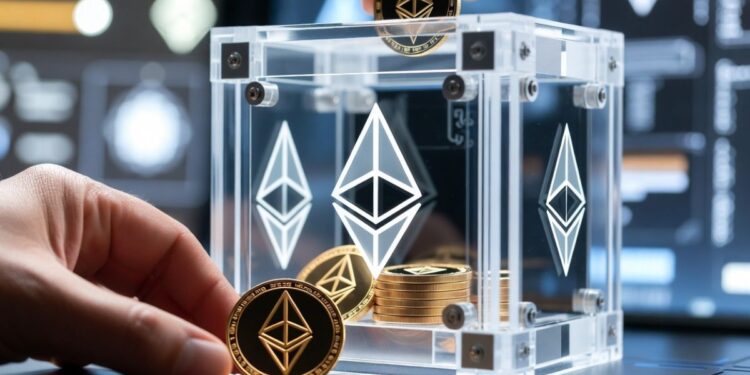 Una mano introduce una moneda física de ether en una caja de acrílico transparente con logos de Ethereum.