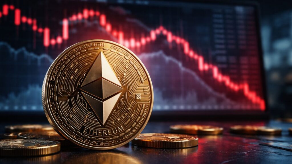 Moneda física de Ethereum frente a gráficos bursátiles en caída, simbolizando la crisis y baja del precio de ETH.