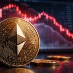 Moneda física de Ethereum frente a gráficos bursátiles en caída, simbolizando la crisis y baja del precio de ETH.